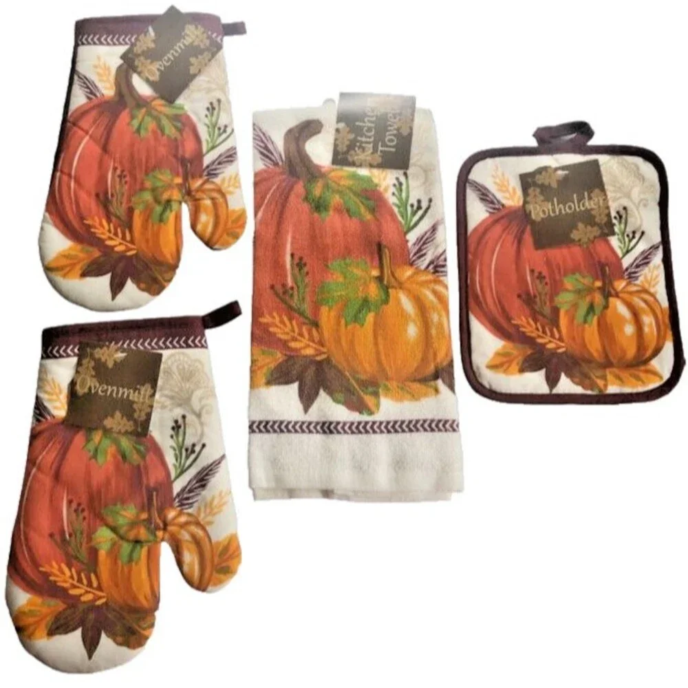 Pumpkin Kitchen Dish Towel Oven Mitts Potholder Thanksgiving Autumn Set of 4